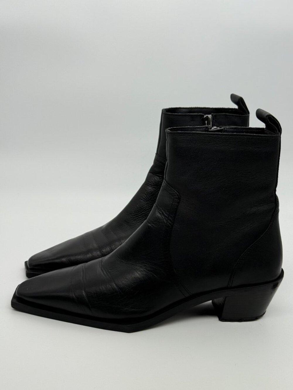 MNG Mango Black Leather Square Toe Block Heel Ankle Boots Size 39